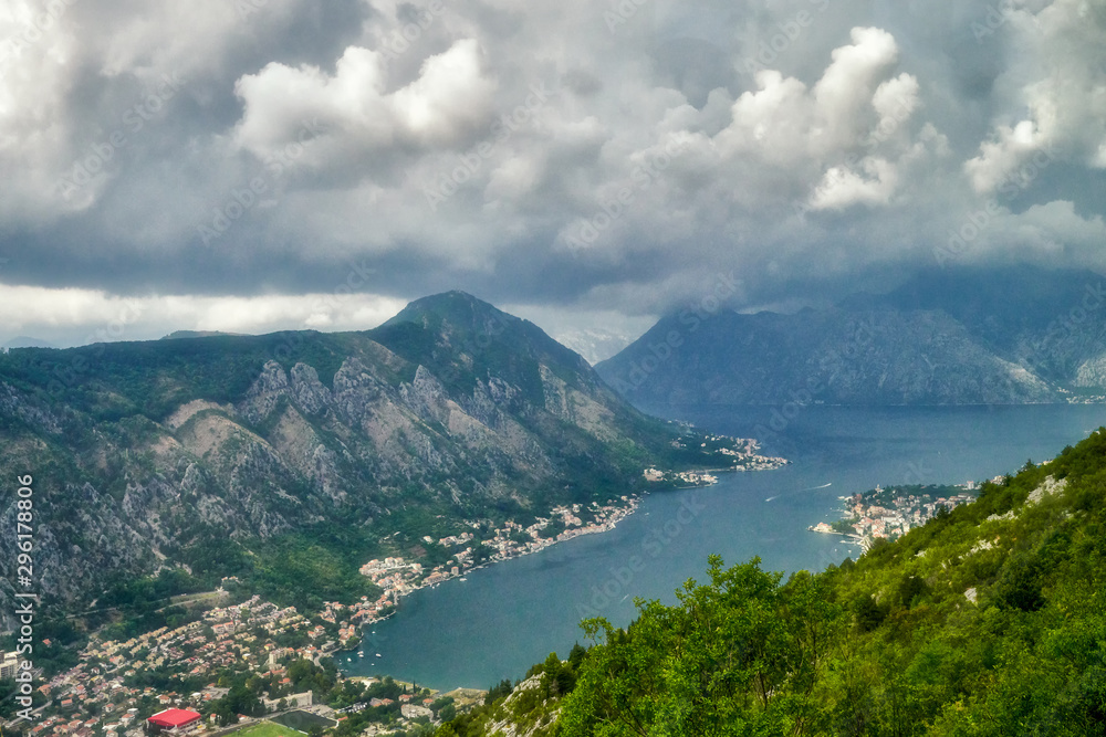 Kotor bay, Montenegro, view from the road winding in narrow bends over the bay Kotor bay, Montenegro, view from the road winding in narrow bends over the bay