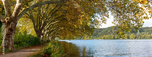 Trees and path along the shoreline of Baldeneysee reservoir near Essen in Germany's Ruhrgebiet in autumn