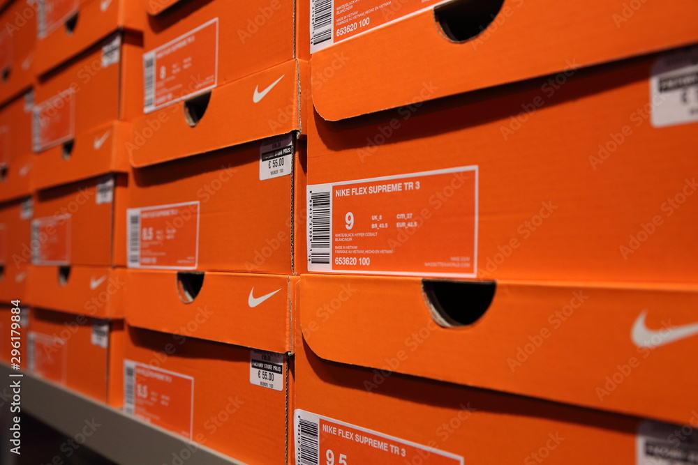 BELGIUM - OCTOBER 17: Background of Nike shoes boxes at Maasmechelen Village  outlet on October 17 Stock Photo | Adobe Stock