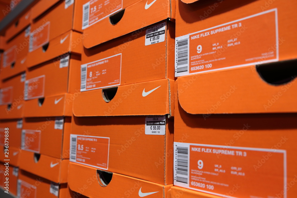 BELGIUM - OCTOBER 17: Background of Nike shoes boxes at Maasmechelen  Village outlet on October 17 Stock Photo | Adobe Stock