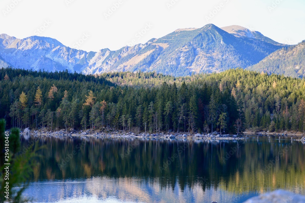Lake and conifer trees in the mountains