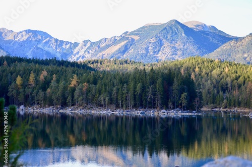 Lake and conifer trees in the mountains