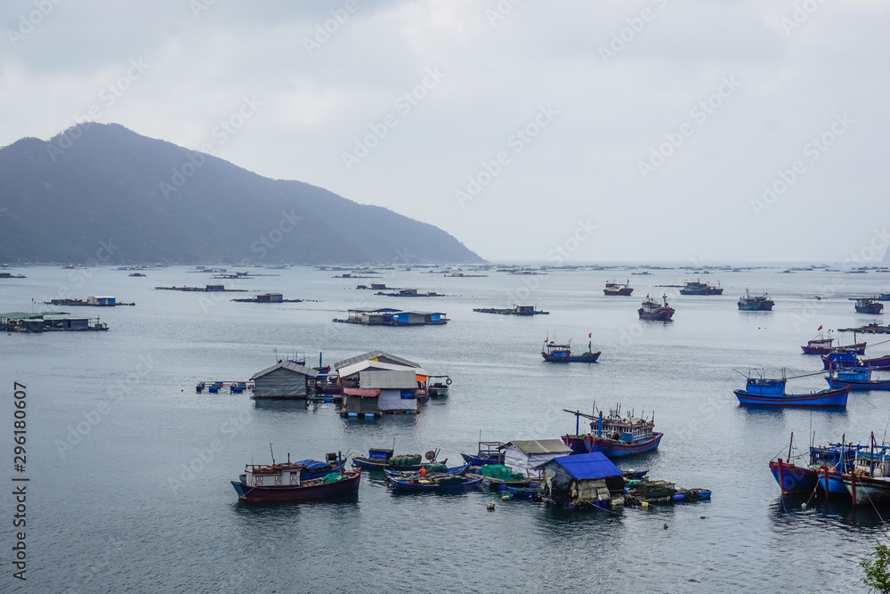 A fishing village on the water in one of the bays in Vietnam