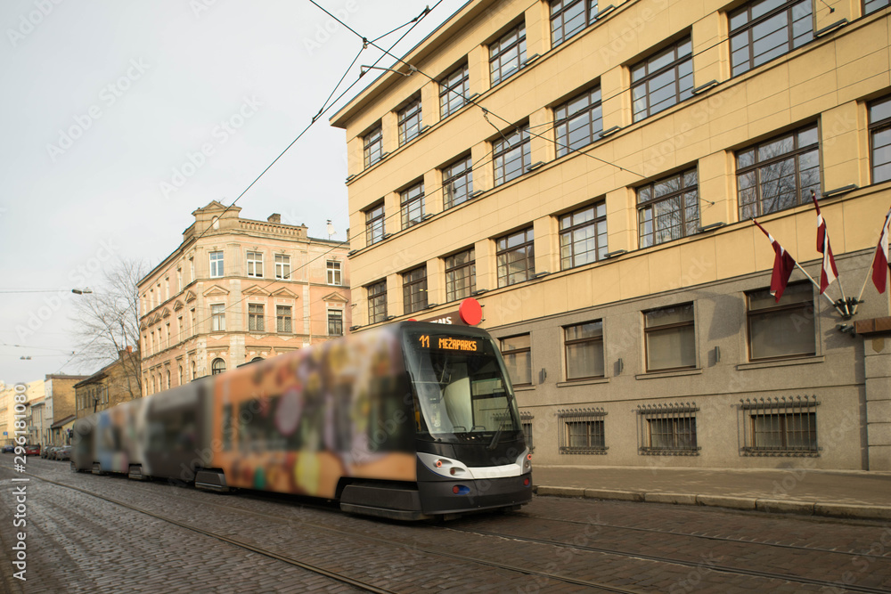 View of street with tram. Riga, Latvia.