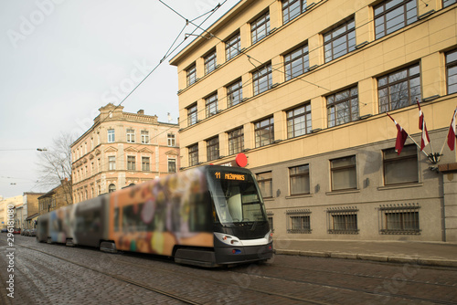 View of street with tram. Riga, Latvia.