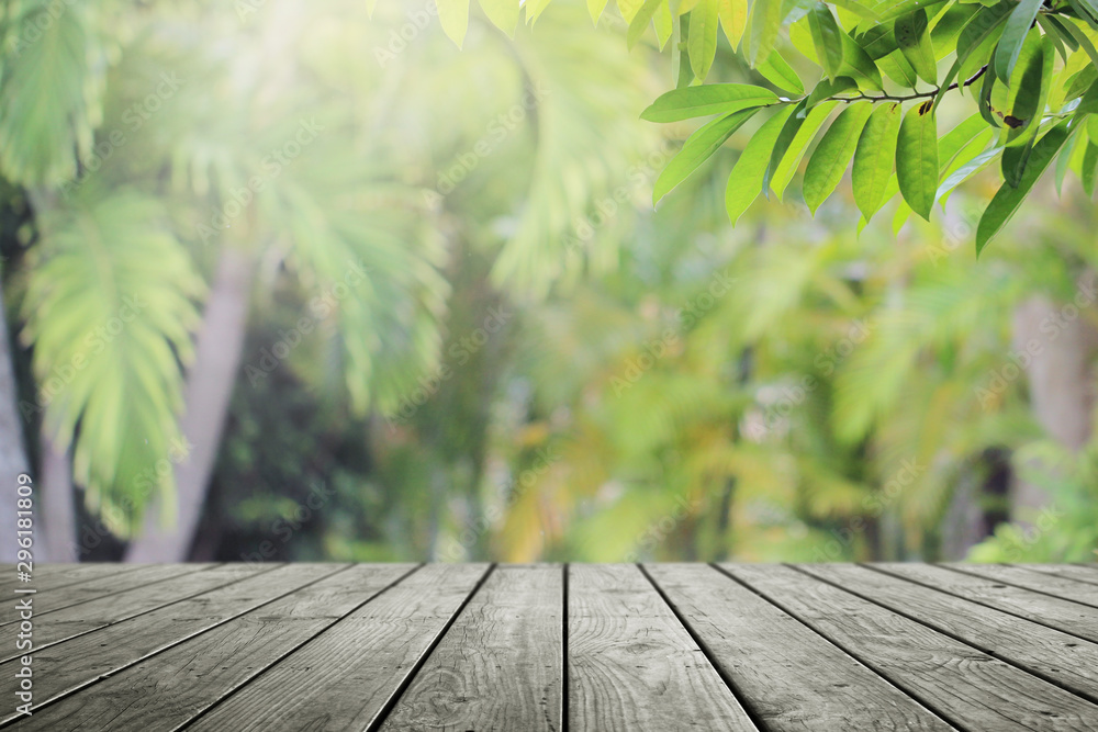 Wooden desk and green leaf nature in garden background. Wooden desk and green leaf nature in garden background.