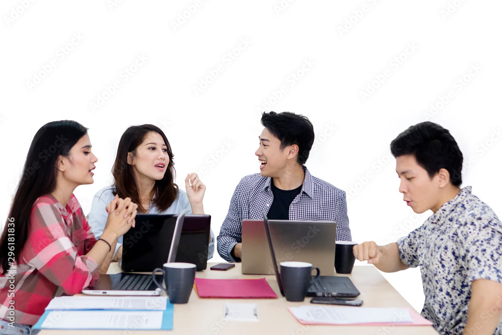 Group of young employees brainstorming on studio Group of young employees brainstorming on studio