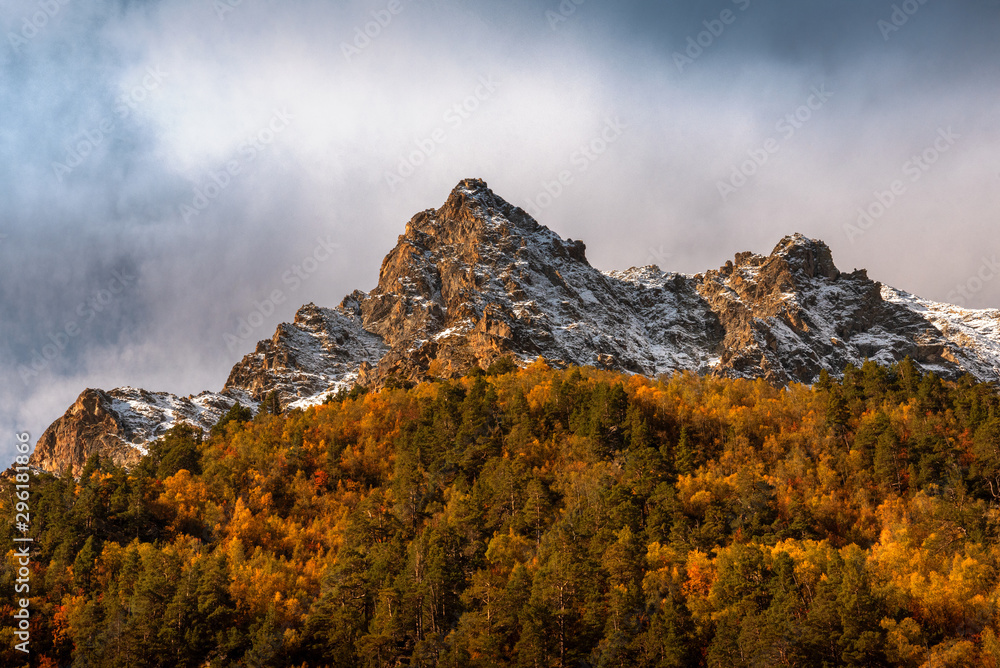 Φωτογραφία Autumn landscape, mountains in the snow with blue sky surrounded by green bushes and yellowing trees
