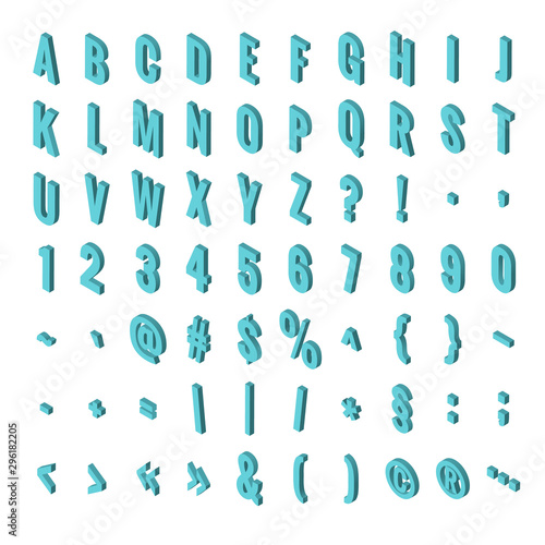Isometric font alphabet isolated on the background. Isometric abc. Letters  numbers and symbols. Three-Dimensional stock typography for headlines  posters etc