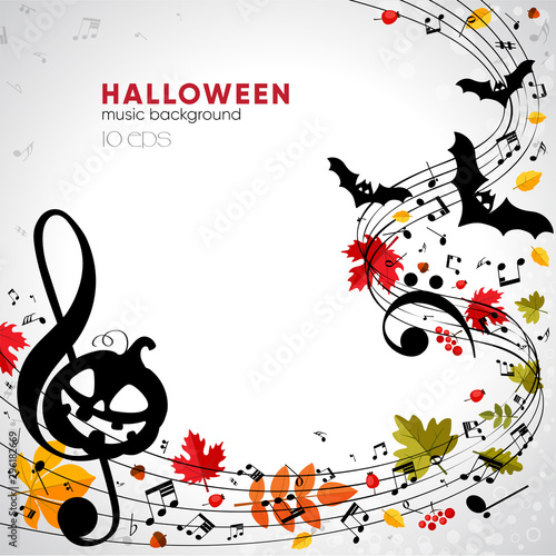 Bright musical autumn halloween background with pumpkin, bats and leaves. Musical Composition at Halloween Party