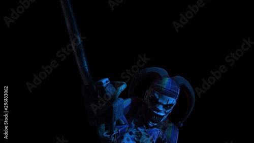 Creepy seamless animation of an horror clown with a chainsaw and color strobe lights. Halloween background of a terror character isolated with alpha channel photo