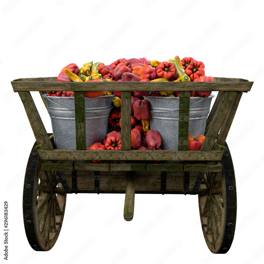 Red, yellow pepper in a wooden cart