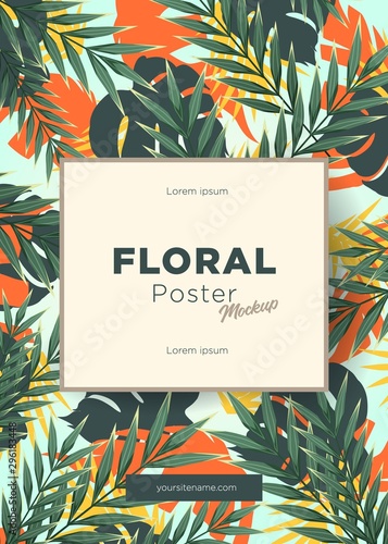 Bright tropical background with jungle plants. Exotic pattern with tropical leaves