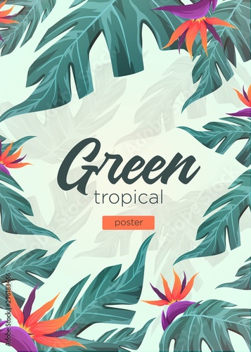 Bright tropical background with jungle plants. Exotic pattern with tropical leaves