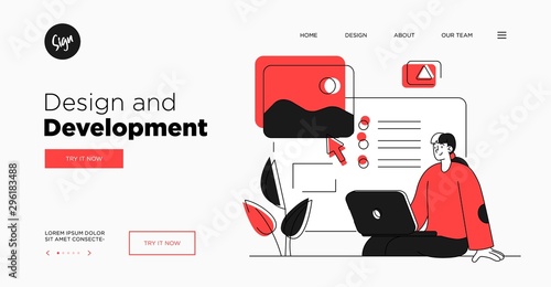 Presentation slide template or landing page website design. Business concept illustrations. Modern flat outline style. Design And Development