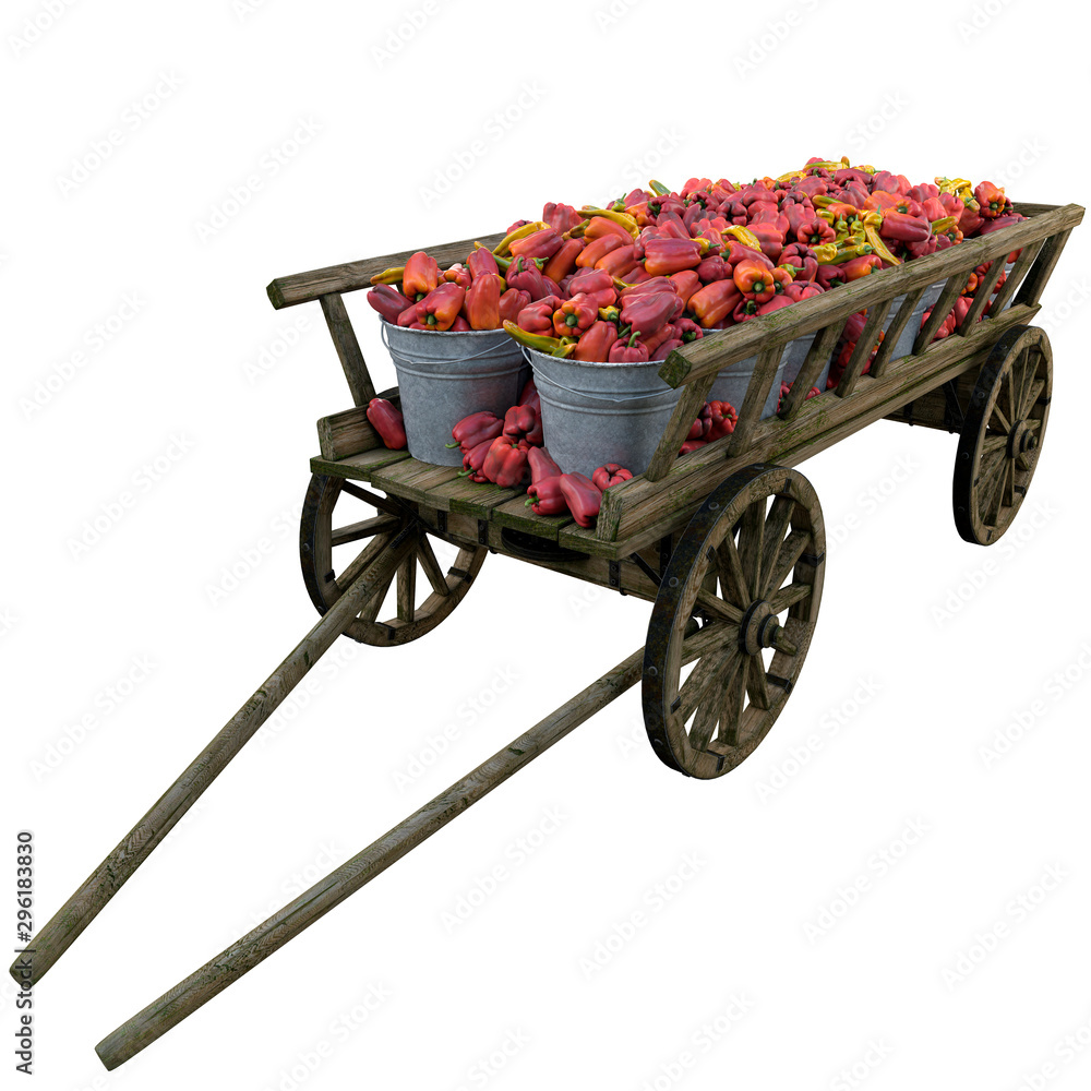 Red, yellow pepper in a wooden cart