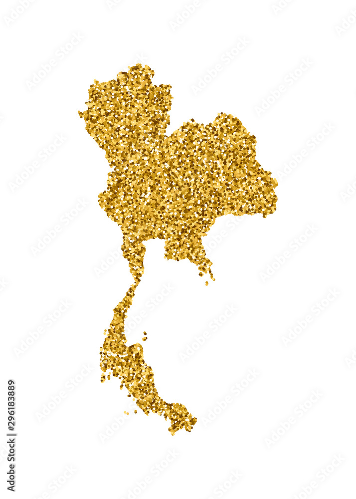 Obraz premium Vector isolated illustration with simplified Thailand map. Decorated by shiny gold glitter texture. New Year and Christmas holidays' decoration for greeting card