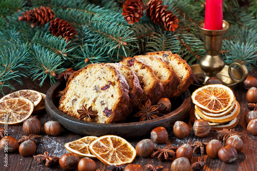 Traditional raisins cake for christmas with spices and nuts photo