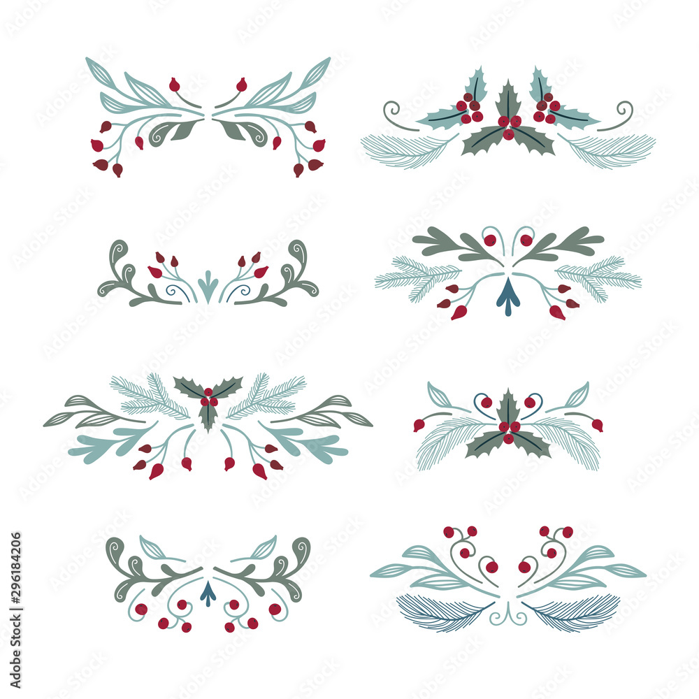 Naklejka Set of eight floral vignettes with berries. Christmas compositions with winter flora. Perfect for design cards, invitations, banners and greetings.