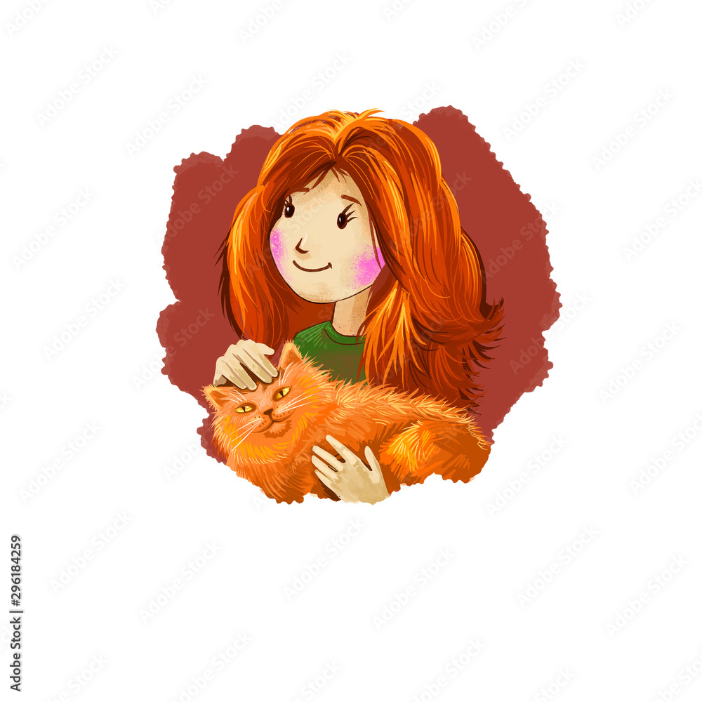 Leo horoscope sign with children digital art illustration isolated on  white. Redhead young girl holding fluffy cat in hands, pussy kitten with  pretty lady web print t-shirt design poster with kid. Stock