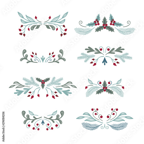 Set of eight floral vignettes with berries. Christmas compositions with winter flora. Perfect for design cards, invitations, banners and greetings.