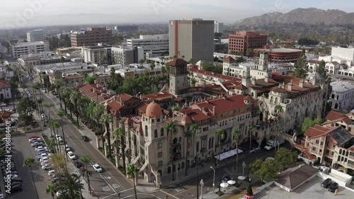 Aerial drone flight over Mission Hotel, Riverside, Los Angeles, California, USA, 4K, december 2018