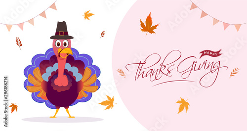 Happy Thanksgiving header or banner design with illustration of turkey bird wearing pilgrim hat and autumn leaves decorated on white background.