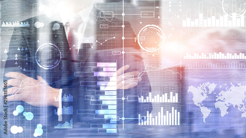 Fototapeta premium Business intelligence. Diagram Graph, Stock Trading, Investment dashboard, transparent blurred background.