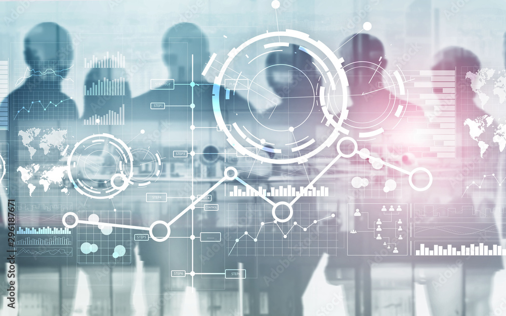 Creative digital abstract business interface background. Financial chart graph diagram and icon on virtual screen. Double exposure. Creative digital abstract business interface background. Financial chart graph diagram and icon on virtual screen. Double exposure.