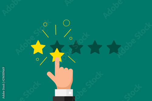 Online feedback reputation bad quality customer review concept flat style. Businessman hand finger pointing 2 two gold star rating on green background. Vector rank vote result illustration