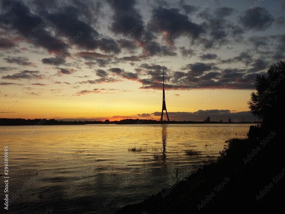 Beautiful sunset on Daugava river in Riga, Latvia