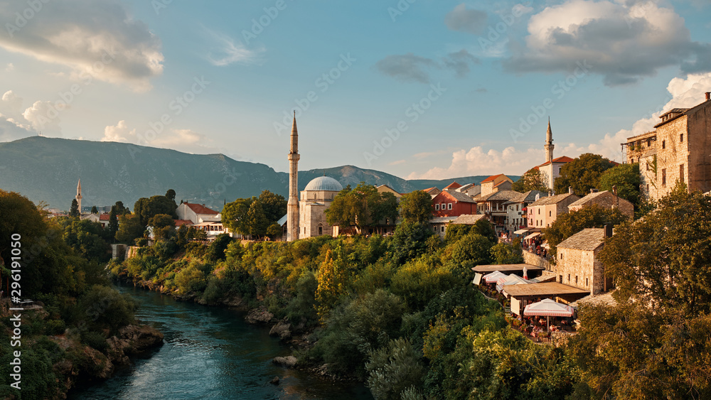 mosque and river neretva in Mostar Bosnia and Hercegovina