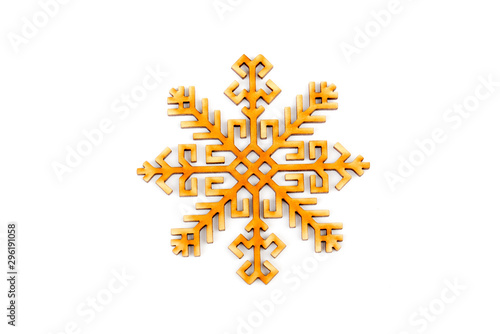Beautiful Christmas, New Year greetiing card with natural, real wood carving. Christmas tree decoration on the white background. For lovers of ecology and natural materials. Place for text, copy space