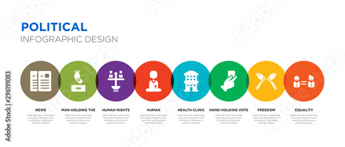 8 colorful political vector icons set such as equality, freedom, hand holding vote paper, health clinic, human, human rights, man holding the vote paper on the box, news
