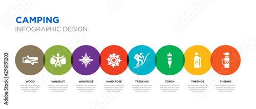 8 colorful camping vector icons set such as thermo, thermos, torch, trekking, wind rose, windrose, wingsuit, wood