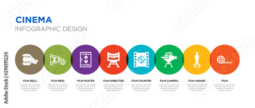 8 colorful cinema vector icons set such as film, film award, film camera, counter, director, poster, reel, roll