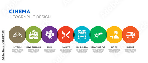 8 colorful cinema vector icons set such as hd movie, hitman, hollywood star, home cinema, machete, movie, movie billboard, film
