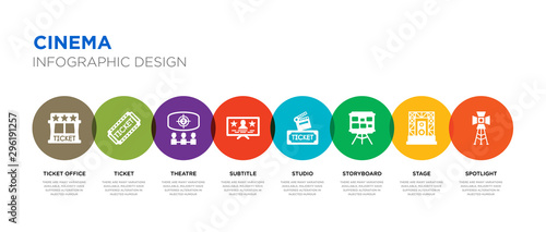 8 colorful cinema vector icons set such as spotlight, stage, storyboard, studio, subtitle, theatre, ticket, ticket office