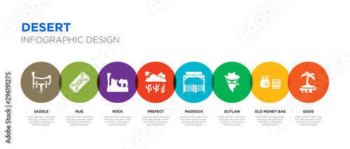 8 colorful desert vector icons set such as oasis, old money bag, outlaw, paddock, prefect, rock, rug, saddle