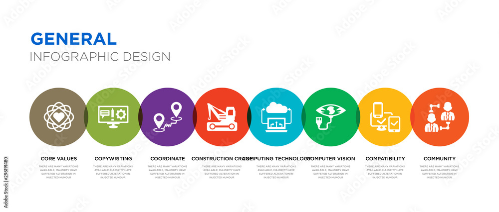 8 colorful general vector icons set such as community, compatibility, computer vision, computing technology, construction crane, coordinate, copywriting, core values - obrazy, fototapety, plakaty 