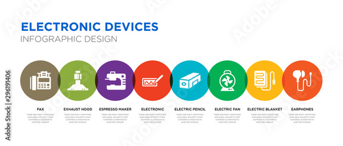 8 colorful electronic devices vector icons set such as earphones, electric blanket, electric fan, electric pencil sharpener, electronic, espresso maker, exhaust hood, fax