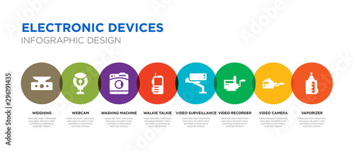 8 colorful electronic devices vector icons set such as vaporizer, video camera, video recorder, video surveillance, walkie talkie, washing machine, webcam, weighing