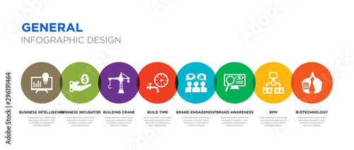8 colorful general vector icons set such as biotechnology, bpm, brand awareness, brand engagement, build time, building crane, business incubator, business intelligence