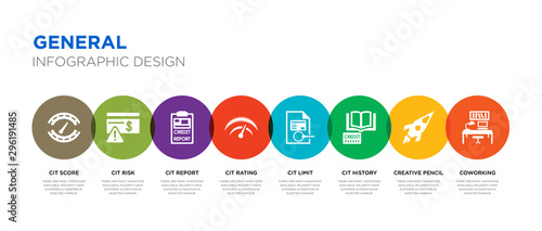 8 colorful general vector icons set such as coworking, creative pencil rocket, cit history, cit limit, cit rating, report, risk, score