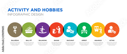 8 colorful activity and hobbies vector icons set such as acting, aquarium, arrest, baccarat, baking, balancing, ball pit, ballerina
