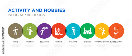 8 colorful activity and hobbies vector icons set such as bungee jumping, butterfly catcher, checkers, cigarette, climbing, collecting, coloring, comic