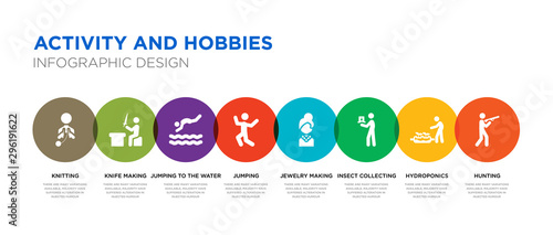 8 colorful activity and hobbies vector icons set such as hunting, hydroponics, insect collecting, jewelry making, jumping, jumping to the water, knife making, knitting