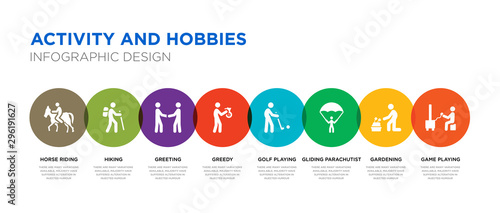 8 colorful activity and hobbies vector icons set such as game playing, gardening, gliding parachutist, golf playing, greedy, greeting, hiking, horse riding