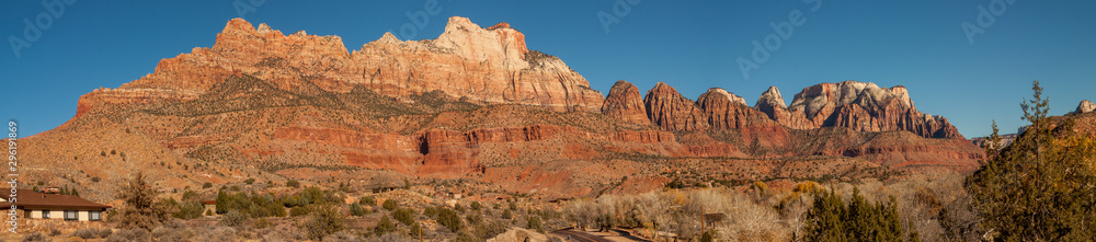 Panorama View of The Sentinel and Court of The Patriarchs, Zion National Park, Utah, USA.