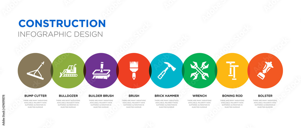 8 colorful construction vector icons set such as bolster, boning rod, wrench, brick hammer, brush, builder brush, bulldozer, bump cutter - obrazy, fototapety, plakaty 